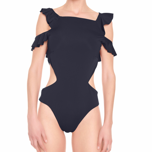 Trendy Nude Shoulder Bathing Suit with Playful Ruffles - Elevate Your Beach Look with a Bold Statement Piece