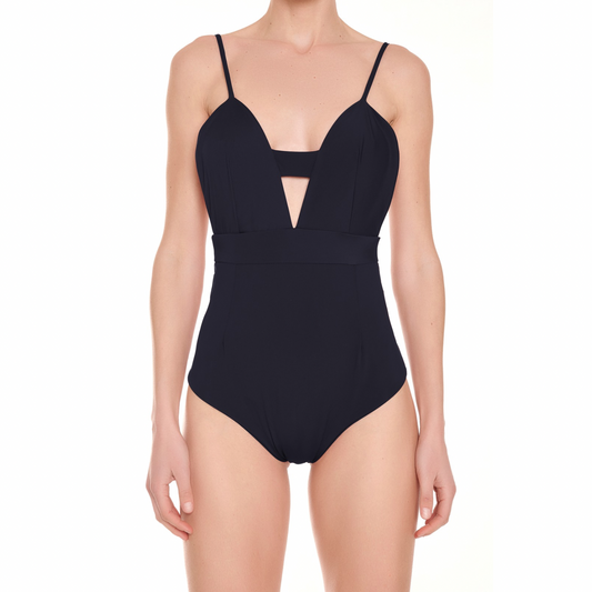 Elegant black swimsuit with deep V neckline, adjustable thin shoulder straps, and a stylish waistband detail. This luxury one-piece is perfect for elevating your beach look or transitioning into a chic bodysuit.